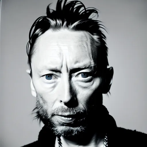 Image similar to Thom Yorke, a man with a beard and a black jacket, a portrait by John E. Berninger, dribble, neo-expressionism, uhd image, studio portrait, 1990s