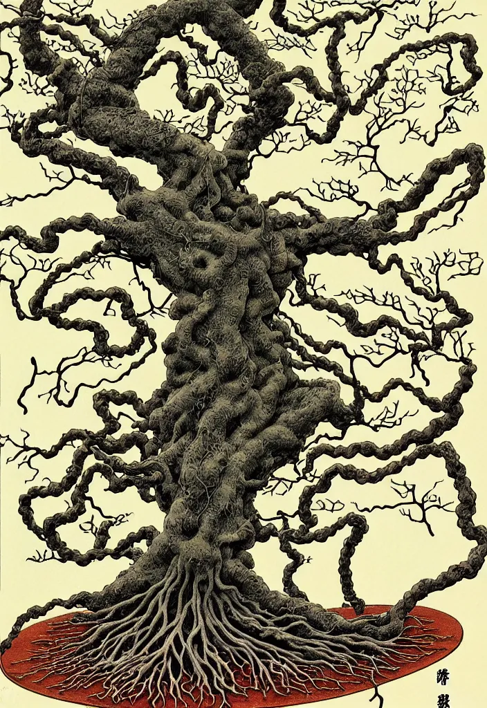 Image similar to prompt: anatomy dissection drawing veins and organs tree character drawn by Takato Yamamoto, bonsai anatomy atlas, veins and organs attached to tree roots, alchemical objects inspired by 1980's sci-ci, old experimentation cabinet, intricate oil painting detail, manga 1980