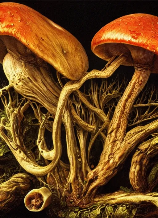 Image similar to magic mushroom with translucent skin, visible muscles and veins and arteries and bones and spines and nerves, beautiful detailed intricate insanely detailed octane render, 8k artistic photography, photorealistic, chiaroscuro, by David Cronenberg, Raphael, Caravaggio