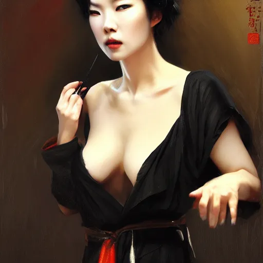 Image similar to detailed cinematic wide shot of beautiful attractive hoyeon jung asian vampire woman wearing black bath robe slim face symettrical face clean skin black eyes black robe smooth, sharp focus, ultra realistic, spring light, painting by gaston bussiere, craig mullins, j. c. leyendecker