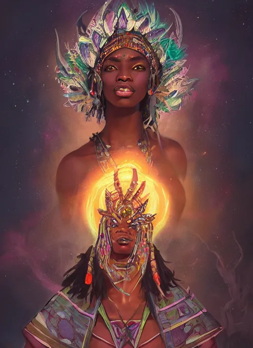 Prompt: beautiful black woman casting magical spells with powerful crystals, voodoo tribal mask headdress and kemetic imagery, digital painting artstation, concept art, matte, sharp focus, illustration, dramatic exploding nebulae, hearthstone, art by artgerm and greg rutkowski and alphonse mucha