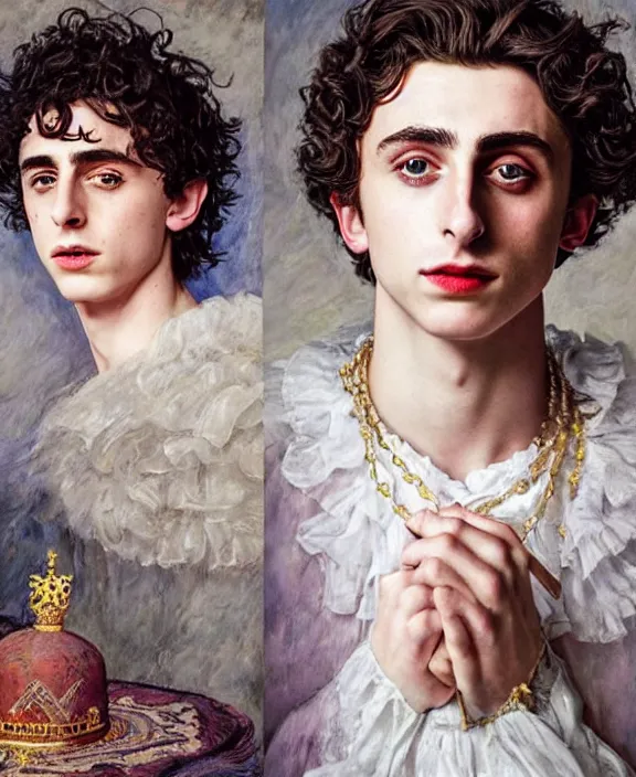 Image similar to portrait of timothee chalamet as her majesty the queen of england, art by! dream portrait of idris elba as a kansas farmer, art by william hogarth and tom bagshaw and alfred sisley, hyperrealism