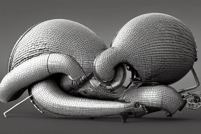 Image similar to an industrial design render of an advanced robotic armadillo curled up behind a snail, industrial, biomimetic, bionic, 3D octane render, 8K, artstation