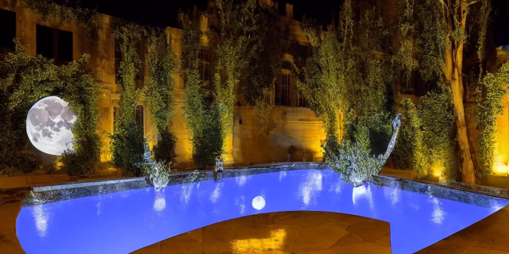 Image similar to photo of beautiful courtyard under moonlight, art deco and baroque aesthetic, large glowing moon, pool with rippling reflections, weeping willows and flowers, hellenistic sculptures, romantic, archdaily,