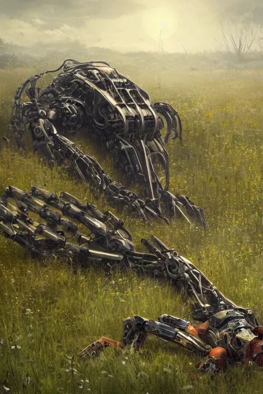 Image similar to a portrait of a broken giant mechanical robot laying in the meadow covered in plants by greg rutkowski, sung choi, mitchell mohrhauser, maciej kuciara, johnson ting, maxim verehin, peter konig, bloodborne, 8 k photorealistic, cinematic lighting, hd, high details, dramatic, dark atmosphere, trending on artstation