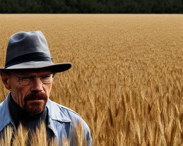 Image similar to extreme long shot of walter white wearing a black hat facing gustavo fring from a distance in a wheat field, insanely detailed, low angle, side view, perfect angle, 8 5 mm photograph, 8 k resolution, wide shot, sharp lens, cinematic