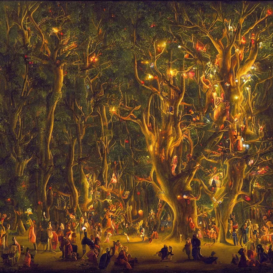 Prompt: a night carnival around a magical tree cavity, with a surreal orange moonlight and fireworks in the background, next to a lake with iridiscent water, christmas lights, folklore animals and people disguised as fantastic creatures in a magical forest by summer night, masterpiece painted by jean - baptiste perronneau, dark night environment