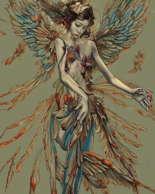 Prompt: an artwork by James Jean of an angel burning it wings. Art, highly detailed 4K