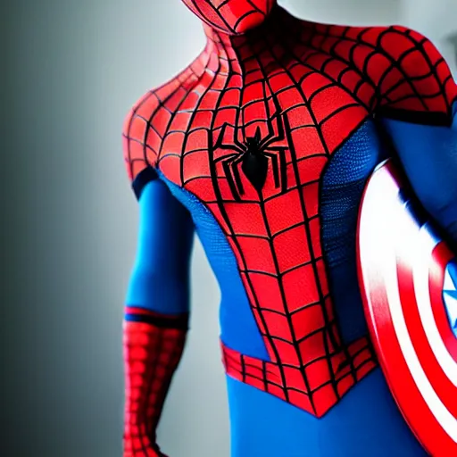 Prompt: spiderman dressed as captain america