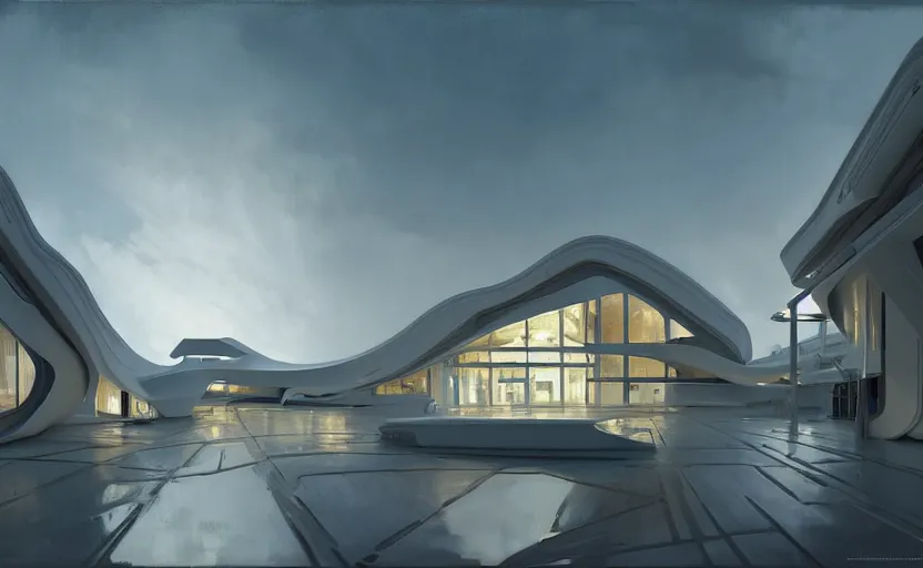 Image similar to painting of a wide angle exterior shot of a white modern architecture with cinematic lighting by zaha hadid and renzo piano, darek zabrocki and greg ruthkowski, alphonse mucha, simon stalenhag and cinematic and blue cold atmospheric, archillect concept art, artstation, trending on artstation