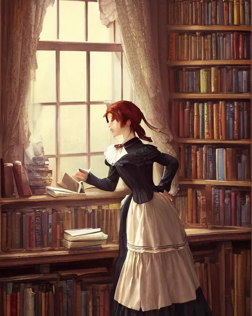 Image similar to a portrait of a victorian maid with long, flowing, auburn hair, standing in a victorian reading room, window, short bookshelf, holding a stack of books, vivid colors, soft lighting, atmospheric, cinematic, moody, in the style of Ilya Kuvshinov and Range Murata, Krenz Cushart, oil on canvas, anime, 8K