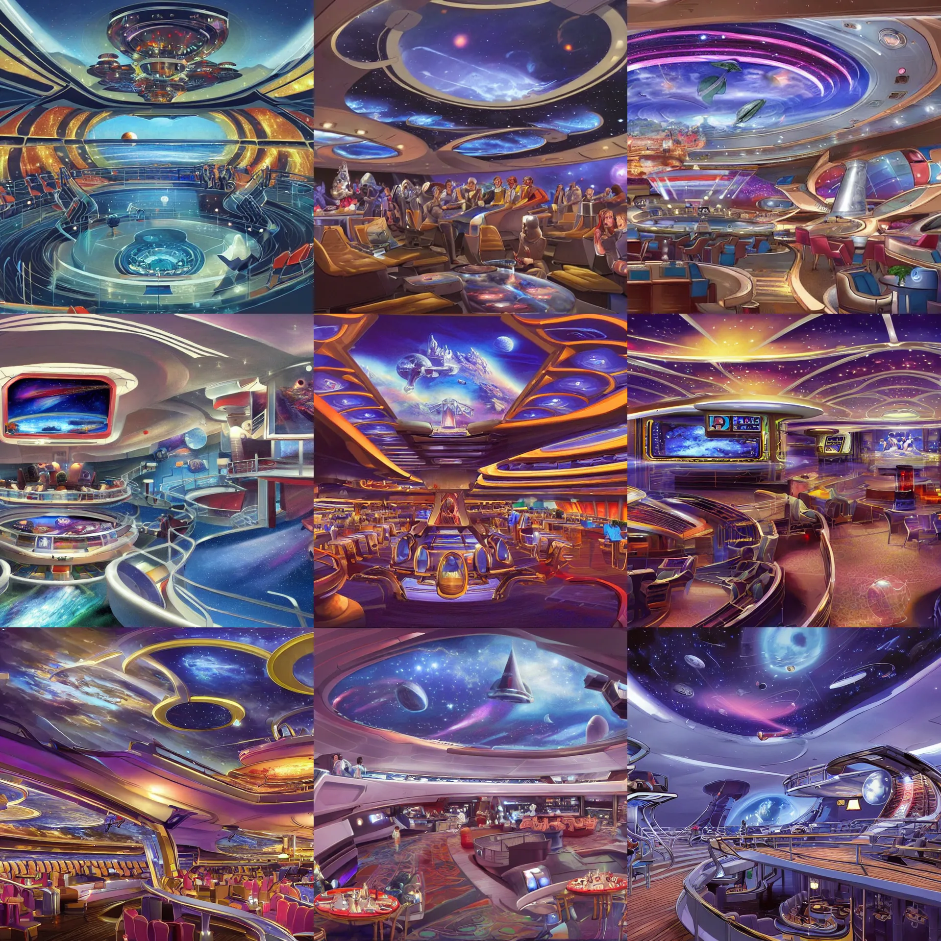 Prompt: the main entertainment area onboard a large passenger cruise spaceship, from a space themed serria point and click 2 d graphic adventure game, art by the lord of the rings and thomas kinkade
