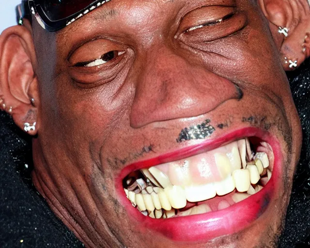 Prompt: dennis rodman has a huge open mouth. the giant open mouth has very large teeth. these teeth are blinged out.