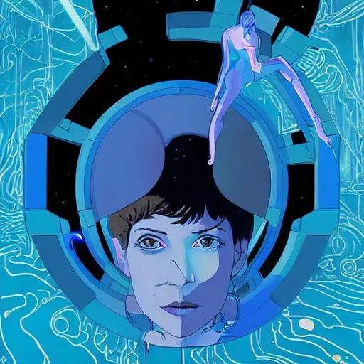 Prompt: A conceptual art. A rip in spacetime. Did this device in her hand open a portal to another dimension or reality?! electric blue by Tomer Hanuka lively