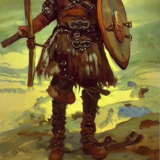 Image similar to a viking warrior with steampunk details, oil painting by John Singer Sargent.