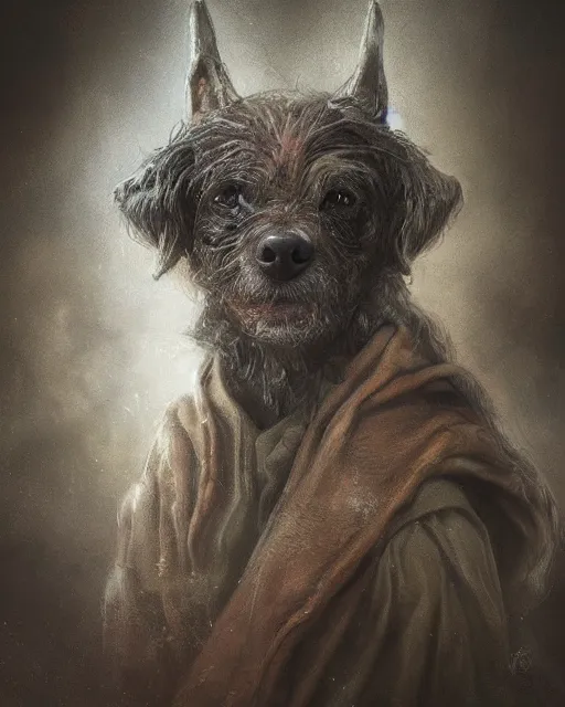 Prompt: a highly detailed matte painting closeup portrait of a dog andromedan, in the style of greg rutkowski and remedios varo, ultra realistic