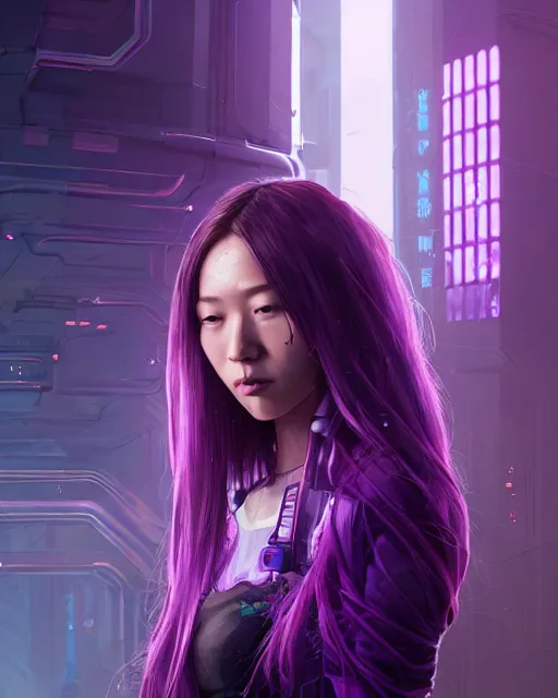 Prompt: portrait of a aesthetic beatiful woman with violet hair as a cyberpunk cyborg, sci - fi, missing panels, intricate abstract upper body intricate artwork, full body, by tooth wu, wlop, beeple, dan mumford. concept art, octane render, deviantart, greg rutkowski, cinematic, key art, hyperrealism, iridescent accents