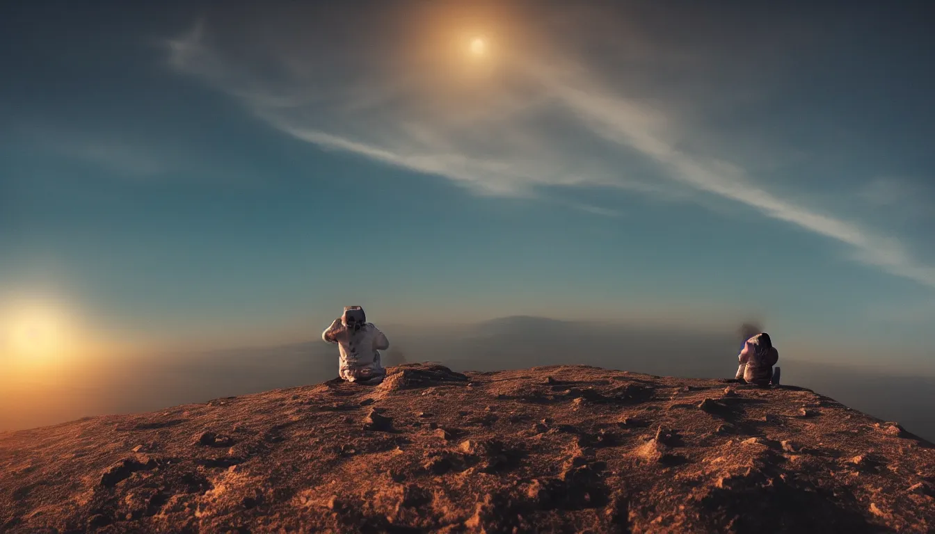 Prompt: lone astronaut sat on top of a mountain looking at the horizon of a unknown planet, close shot from the back, sunset, cinematic, epic, dark scenario, 8k, award winning,