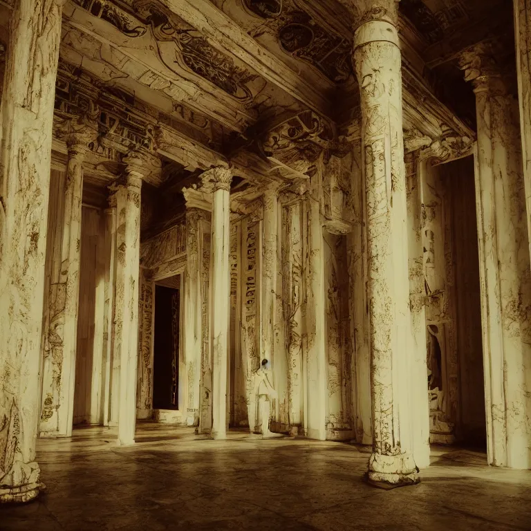 Image similar to boards of canada inside a marble temple, film photo, soft lighting album cover, nostalgia, gradient, light reflection