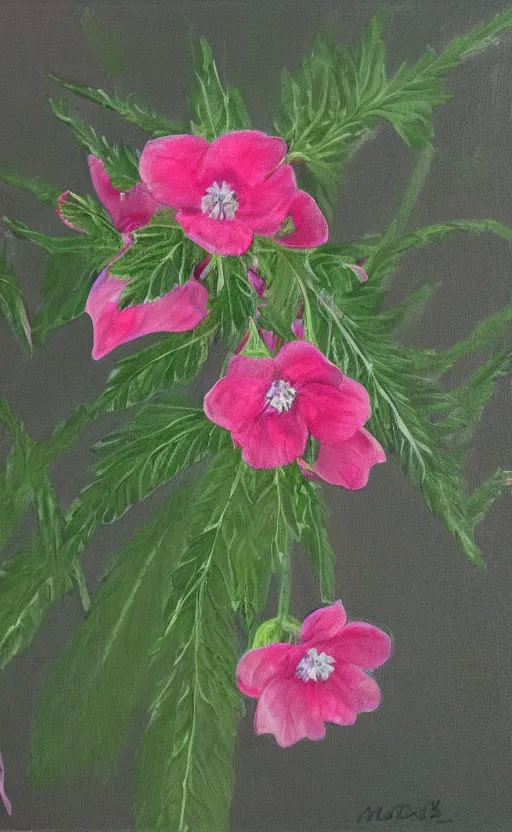Image similar to painting of green thorn crown with pink little flowers