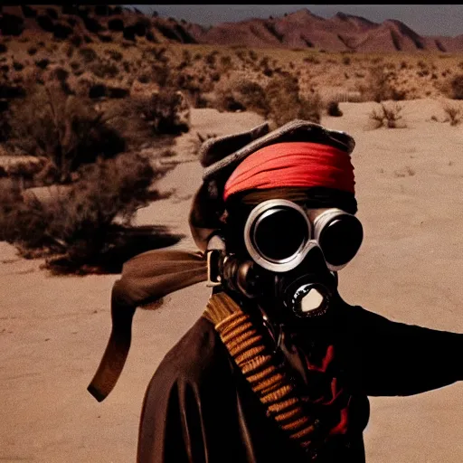 Prompt: a pirate wearing a gasmask, in the desert, film still, arriflex 3 5