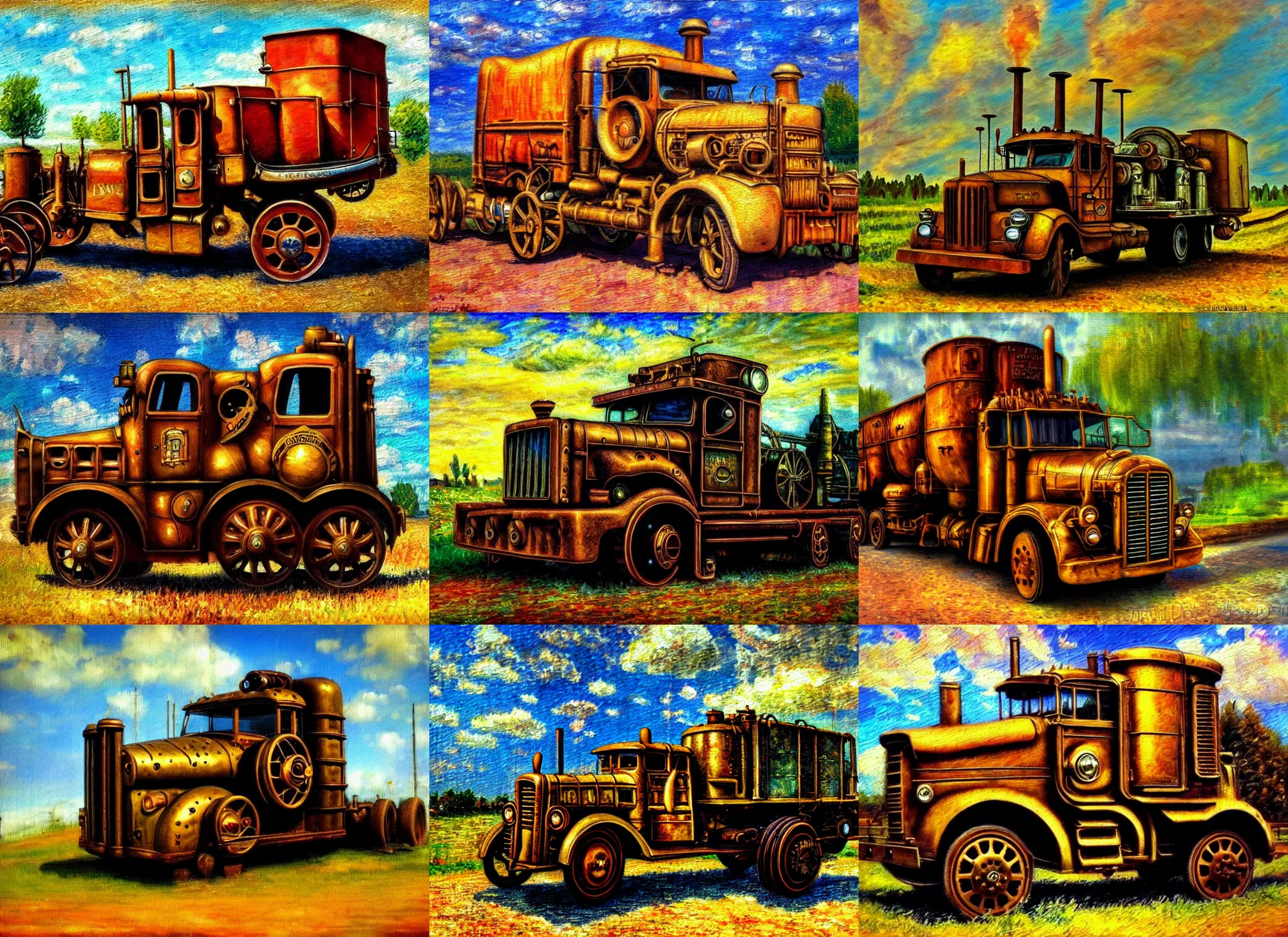 Prompt: impressionism painting of a steampunk truck