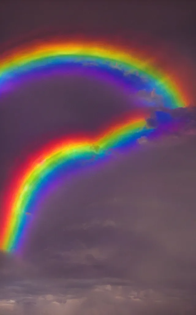 Image similar to dark night stormcloud, intricated multiple rainbows with emoji shapes, light gleams and beams photography