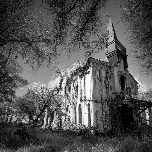 Prompt: infrared photograph of an abandoned church with overgrown vegetation, exterior, vintage photograph