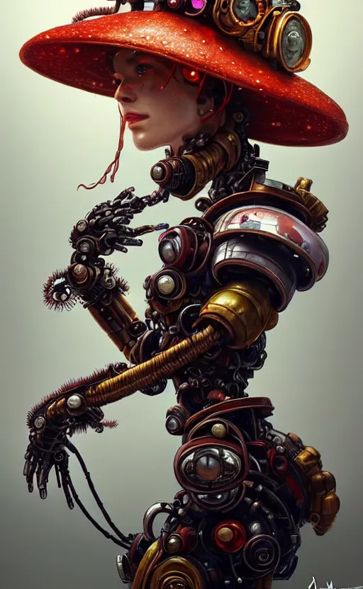 Prompt: portrait of a fungus with a fireman hat, robot steampunk, floral! horizon zero dawn machine, intricate, elegant, highly detailed, ray tracing, digital painting, artstation, concept art, clear sky, extremely detailed, fantasy, smooth, sharp focus, illustration, art by artgerm and greg rutkowski and alphonse mucha, 8 k