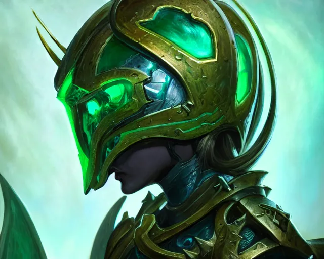 Image similar to extreme close up portrait of a aeldari in wraithbone armor, bottom up green lighting, stoic, poised, deep focus, d & d, fantasy, intricate, highly detailed, digital painting, artstation, concept art, matte, sharp focus, illustration, hearthstone, art by artgerm and greg rutkowski and alphonse mucha