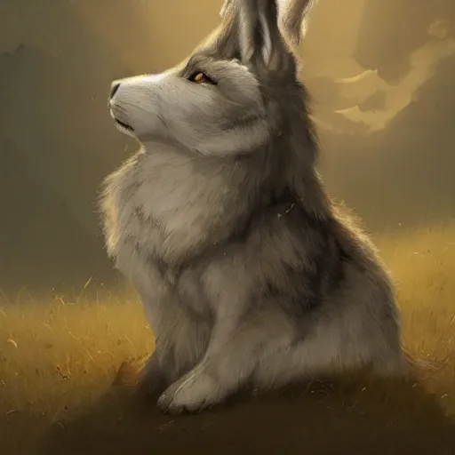 Image similar to A beautiful painting of an anthropomorphic wolf and rabbit. The rabbit has long rabbit ears on his head, and is sitting with his back to the wolf. The wolf's arms are wrapped around the rabbit's shoulders. Trending on artstation, greg rutkowski