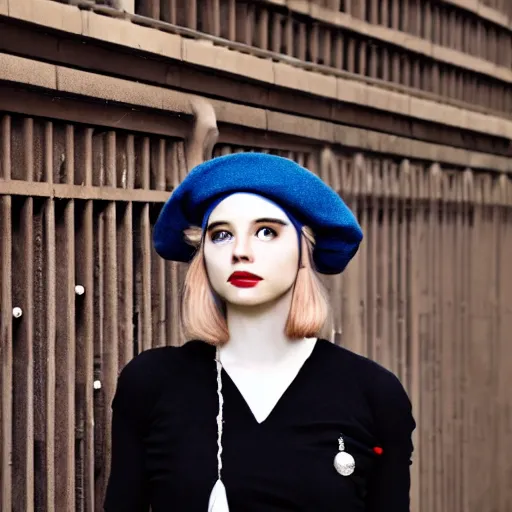 Prompt: aurora with a beret in a retrofuturistic city, retro futuristic fashion, photography award winning,