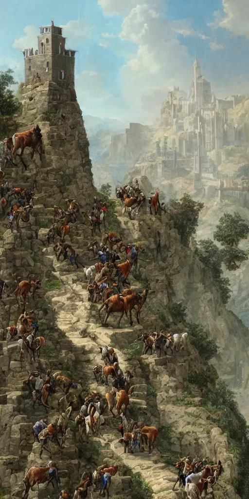 Image similar to a herd of goats climbing a tall citadel with tall towers and long stairs, beautiful, highly detailed