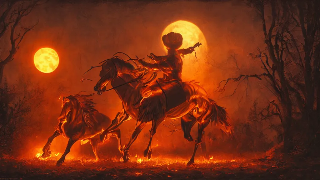 Image similar to a headless!!! colonial rider!!!! holding a jack - o - lantern on lone rampant!!! ( ( black horse ) ) with fiery eyes, background gnarled trees and large supermoon, in the styles of greg rutkowski, keith parkinson, and john quidor, intricate, detailed, volumetric lighting