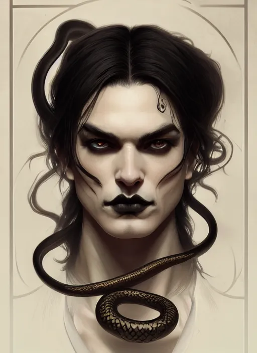 Image similar to symmetry!! portrait of a man with snake hair, gothic, dark, intricate, elegant, highly detailed, digital painting, artstation, concept art, smooth, sharp focus, illustration, art by artgerm and greg rutkowski and alphonse mucha