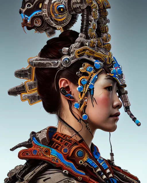 Image similar to portrait of a machine from horizon zero dawn, machine face, upper body, decorated with chinese opera motifs, asian, traditional chinese art, intricate, elegant, highly detailed, digital painting, artstation, concept art, smooth, sharp focus, illustration, art by artgerm and greg rutkowski and alphonse mucha, 8 k