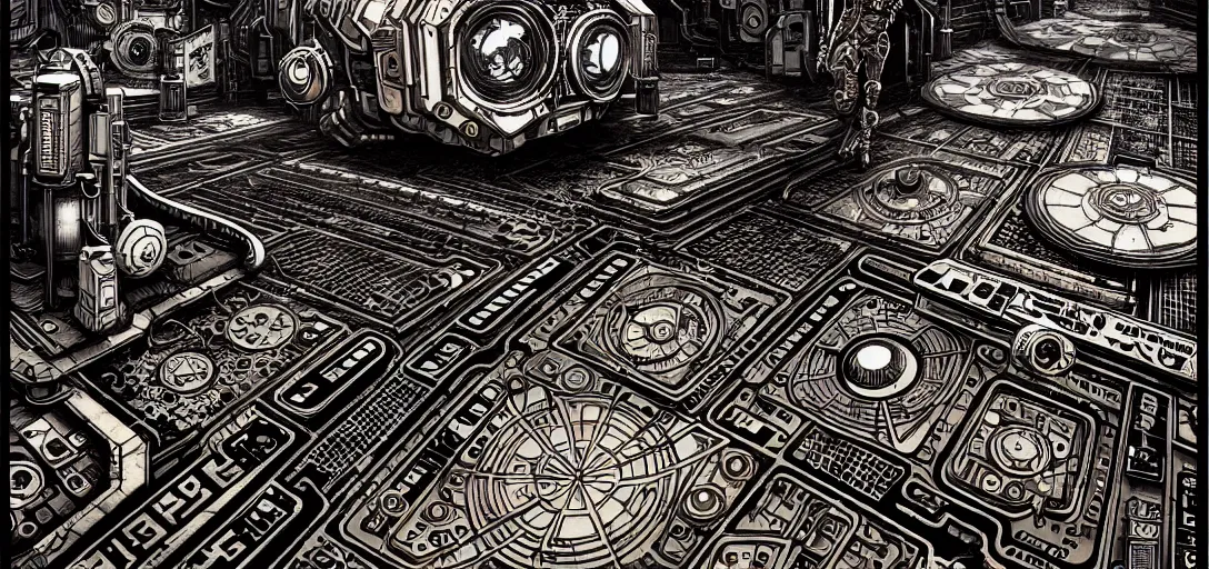 Prompt: cyberpunk steampunk tiled floor, one point perspective, high details, line art, by vincent di fate and joe fenton, inking, screen print, masterpiece, trending on artstation, sharp,, hyper - detailed, hd, 4 k, 8 k