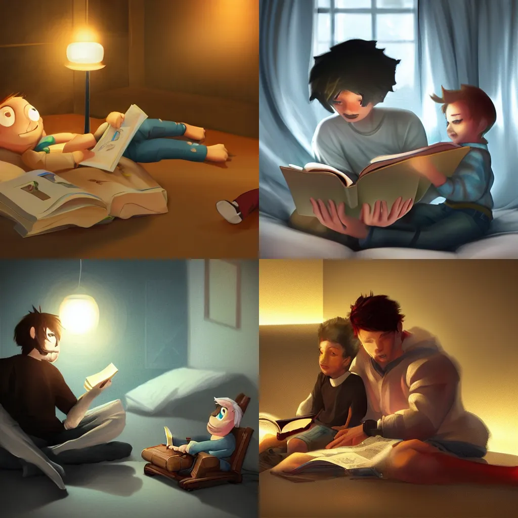 Prompt: a father reading to his son, octane rendering, art by justradiation and nicolch, trending on pixiv, cinematic lighting
