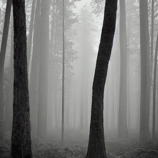 Prompt: an old worn photo of a tall horrific creature deep in a dark foggy forest