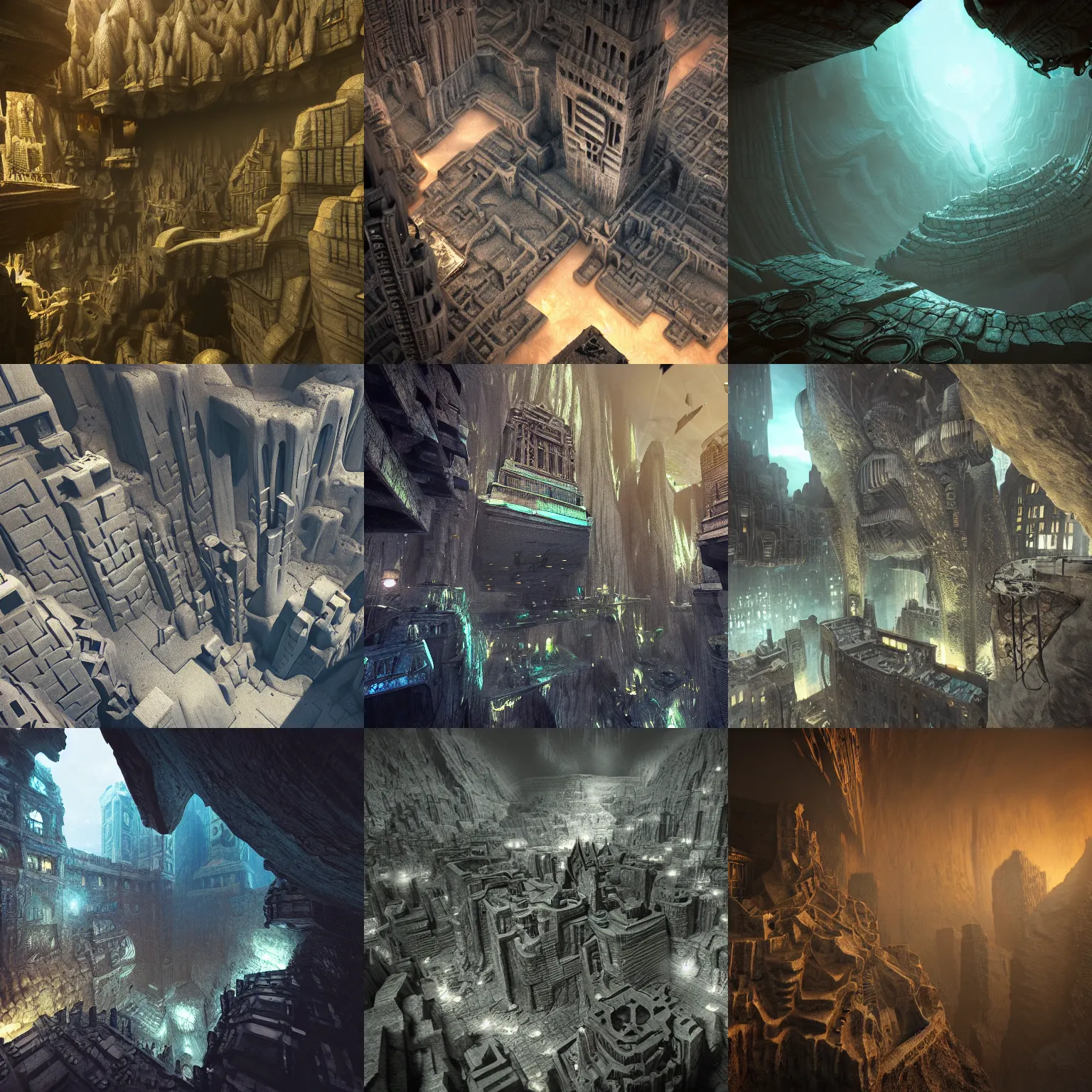 Image similar to inception lovecraft city carved from rock underground another inverted upside down above, artstation, cinematic warm volumetric lighting