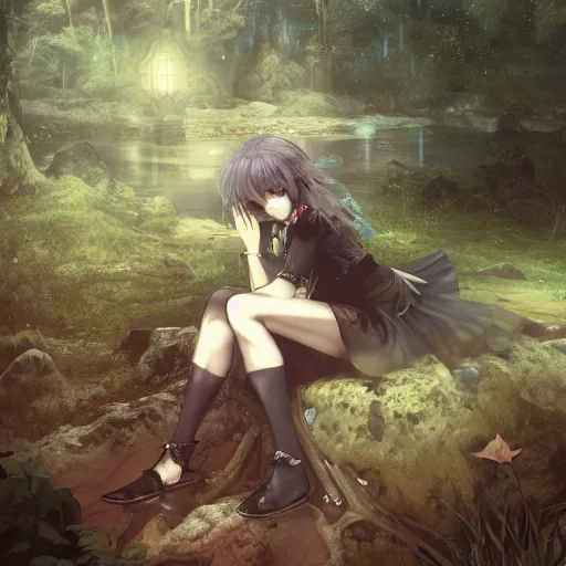 Image similar to goth woman in a moonlight view, in a forest, a river, tankoban, 4 k, tone mapping, akihiko yoshida, james jean andrei riabovitchev marc simonetti, yoshitaka amano, long hair, curly, h. hydrochaeri