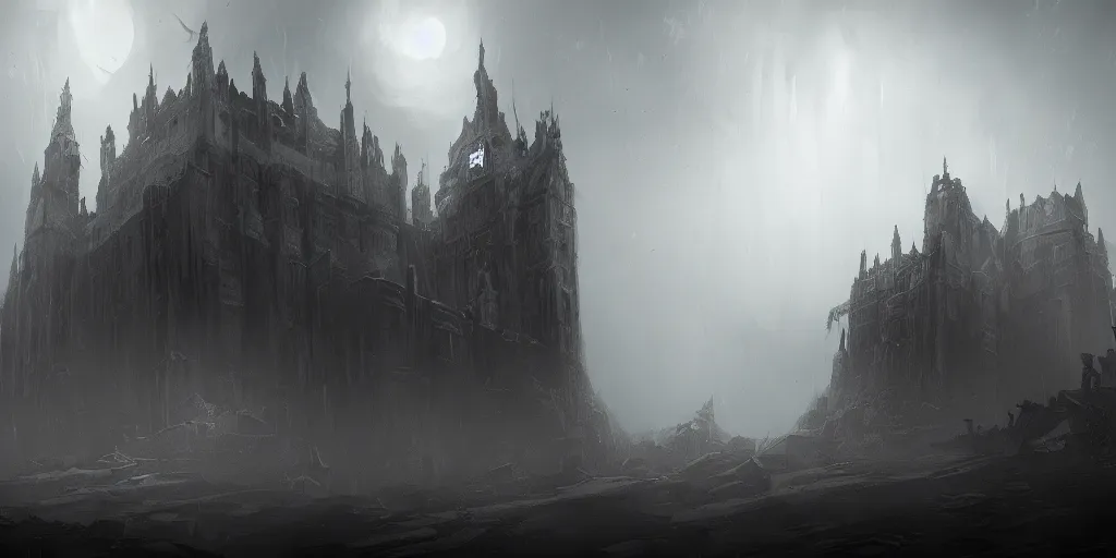 Prompt: grimdark fantasy fortress, terrifying, looming, dark, fog, artstation