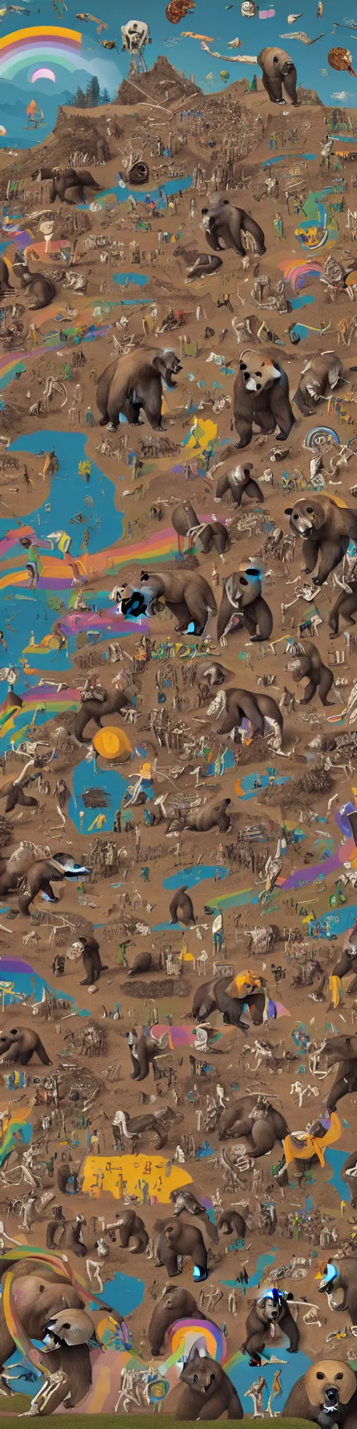 Image similar to epic mural of grizzly bear skeletons dancing, rainbow tubing, hieronymus bosch, victor moscoso, owsley, r crumb, clean outlines, shusei nagaoka, octane render