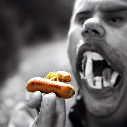 Image similar to realistic photo of a man eating a hotdog, the hotdog is screaming, close up, 65mm, photorealistic