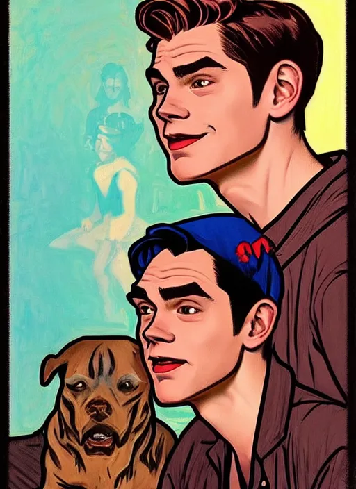 Prompt: oil portrait of archie andrews with a really small jughead jones sitting on his shoulder, archie andrews is a different person from jughead jones, intricate, elegant, highly detailed, lighting, painting, artstation, smooth, illustration, art by greg rutowski and alphonse mucha