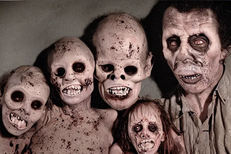Prompt: studio portrait of a happy creepy mud family in vacation by bob bottin, horror grotesque, realistic detailed photography 1 9 8 0's