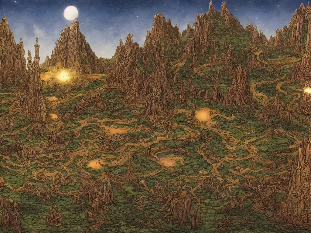 Image similar to fantasy landscape made by moebius with a 8 eyed humanoid god dealing cards over a medieval field