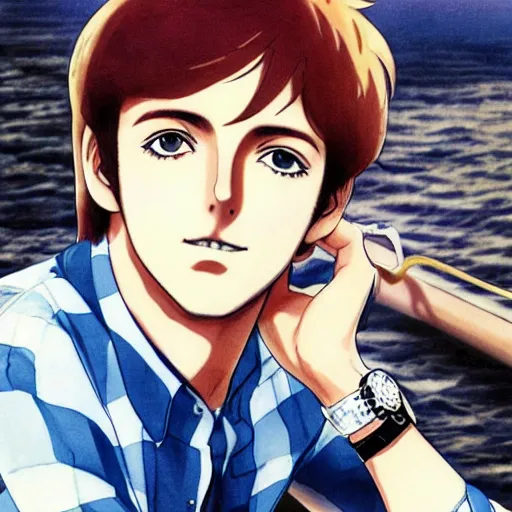 Prompt: s beautiful anime illustration of young Paul McCartney from the Beatles, wearing a blue and white check shirt and watch, relaxing on a yacht at sea, ufotable