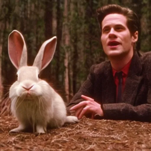 Prompt: a rabbit in the movie twin peaks
