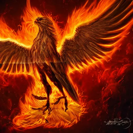 Prompt: realistic phoenix reincarnation in flames, detailed digital art